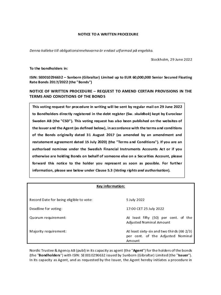 Fillable Online Sunborn (Gibraltar) Limited Notice of written