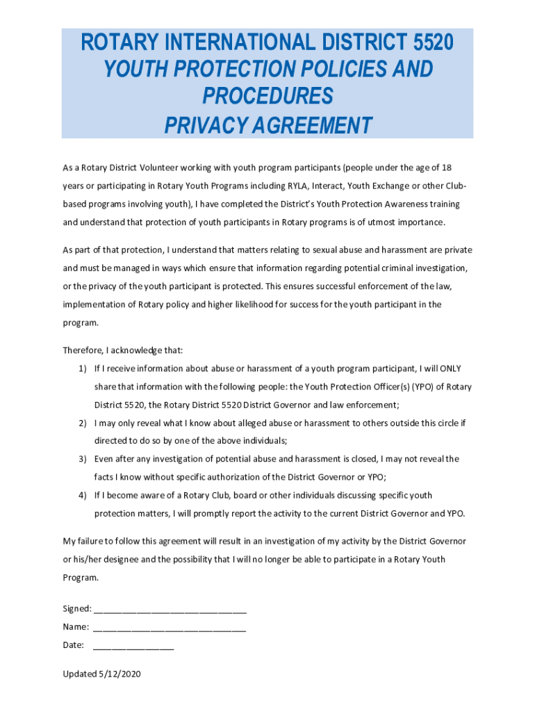 Fillable Online ROTARY INTERNATIONAL DISTRICT 5520 YOUTH PROTECTION POLICIES AND Fax Email