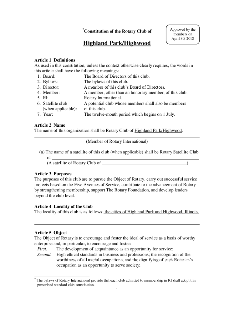Fillable Online Constitution of the Rotary Club of Highland Park