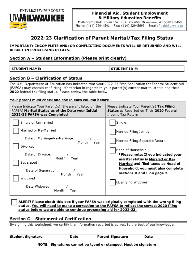 Fillable Online 202223 Clarification of Parent Marital/Tax Filing