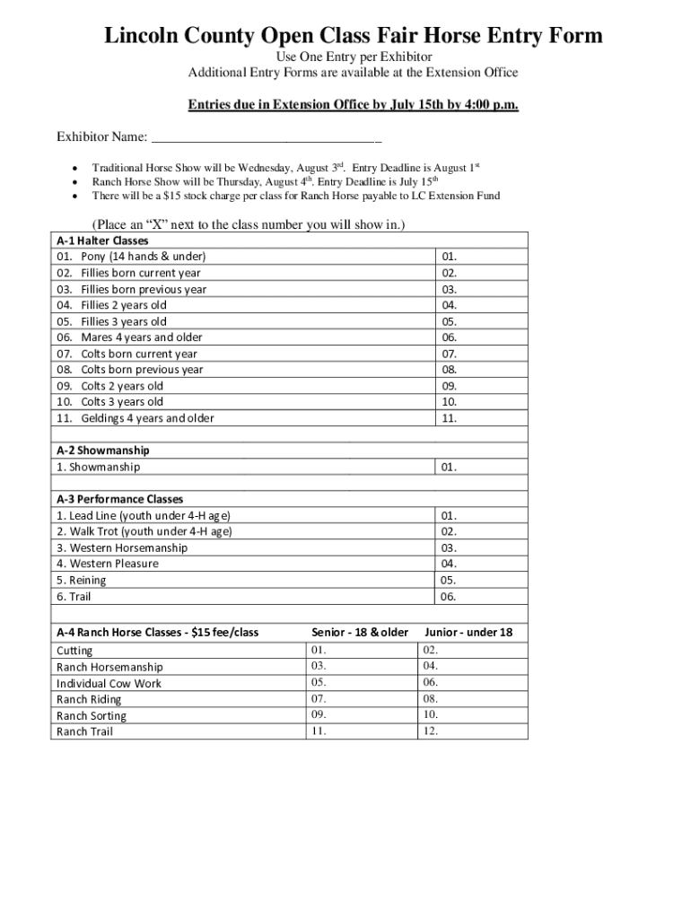 Fillable Online Lincoln County Open Class Fair Horse Entry Form Fax