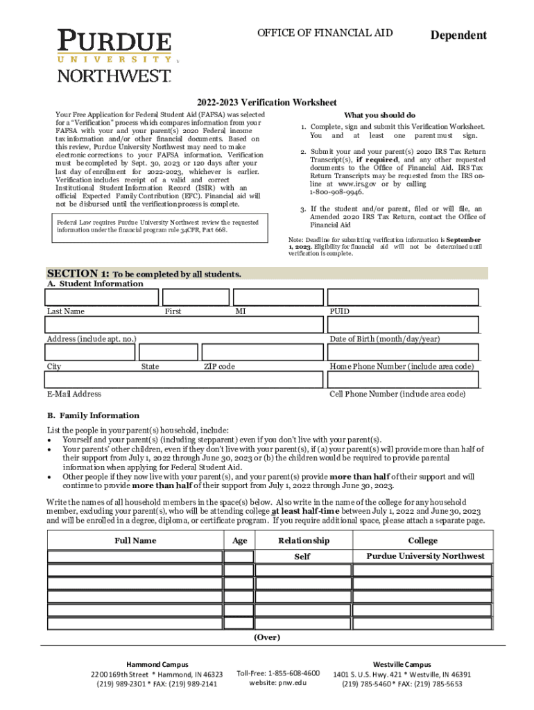 sxu tuition-aidfinancial-aid2022-2023 Verification Worksheet Office of Financial Aid FORM Preview on Page 1