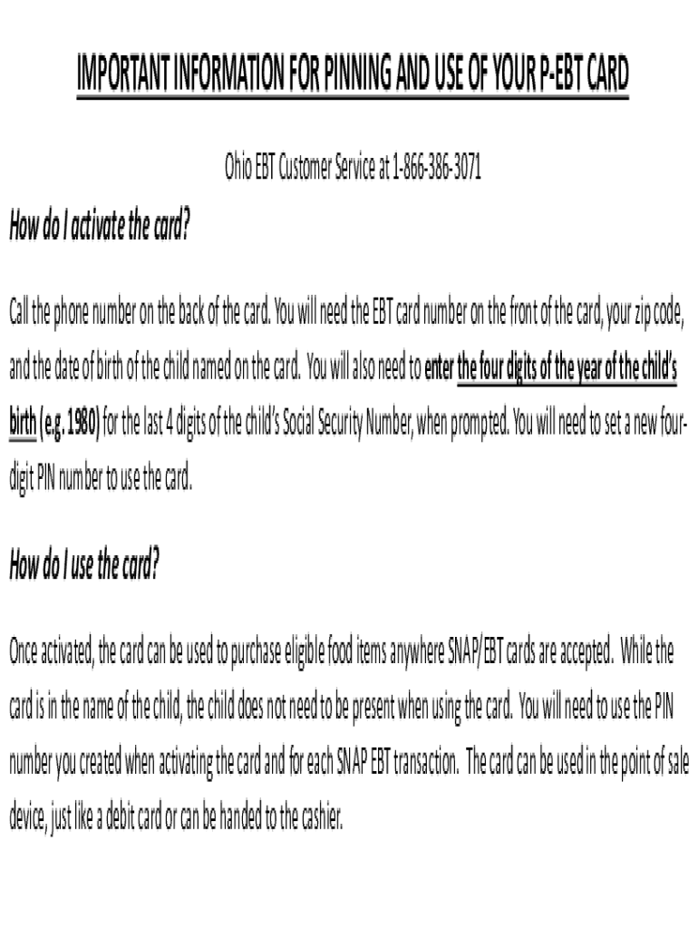 Fillable Online jfs ohio How do I PIN my PEBT card? Virginia