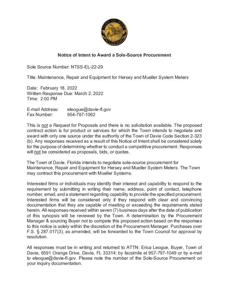 Fillable Online Notice of Intent to Award a SoleSource Procurement