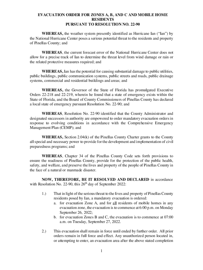 Fillable Online evacuation order for zones a, b, and c and mobile home