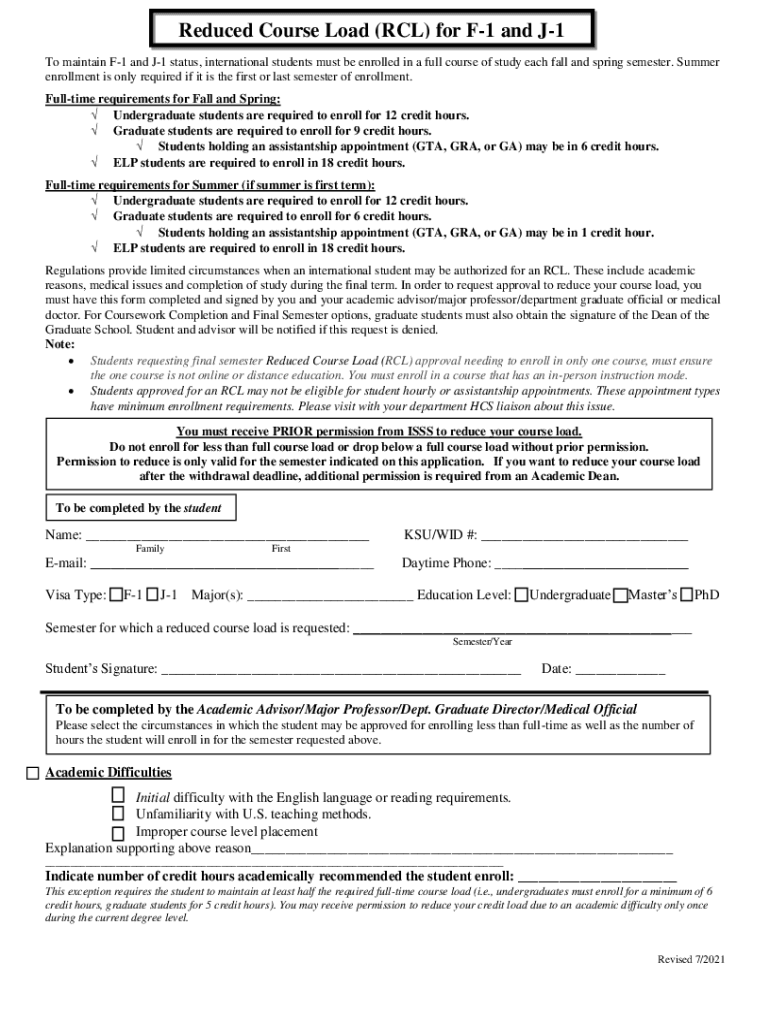 Fillable Online Reduced Course Load (RCL) for F-1 and J-1 Students Fax ...