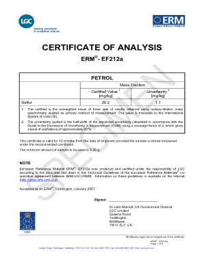 Fillable Online CERTIFICATE OF ANALYSIS - BAM - RRR Fax Email Print ...