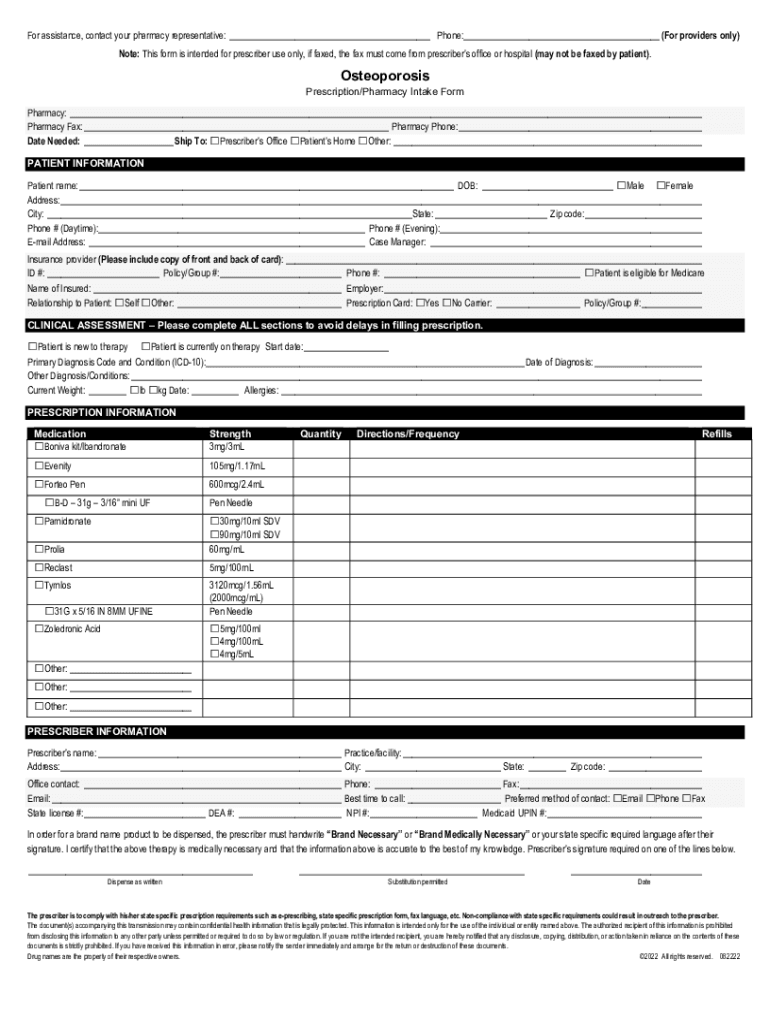 Fillable Online Osteoporosis Prescription/Pharmacy Intake Form