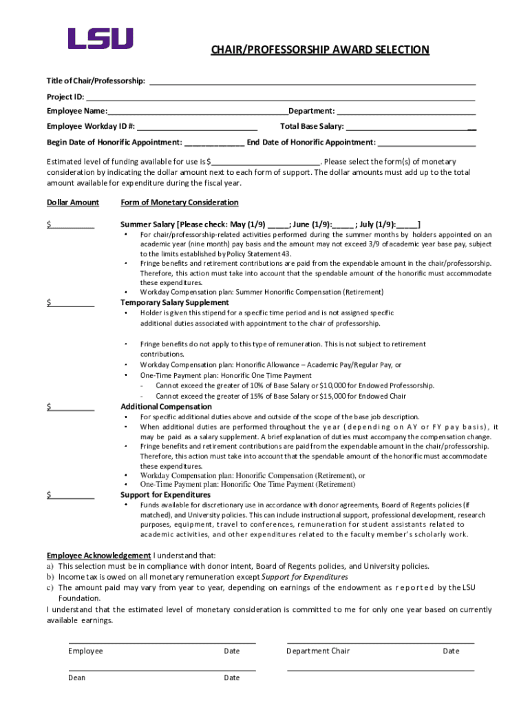 Fillable Online Endowed Chair/Professorship Award Selection Agreement Fax Email Print pdfFiller