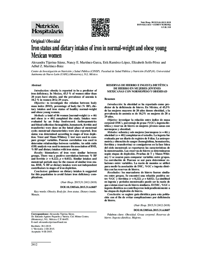 Fillable Online scielo isciii In overweight and obese women, dietary iron absorption is Fax
