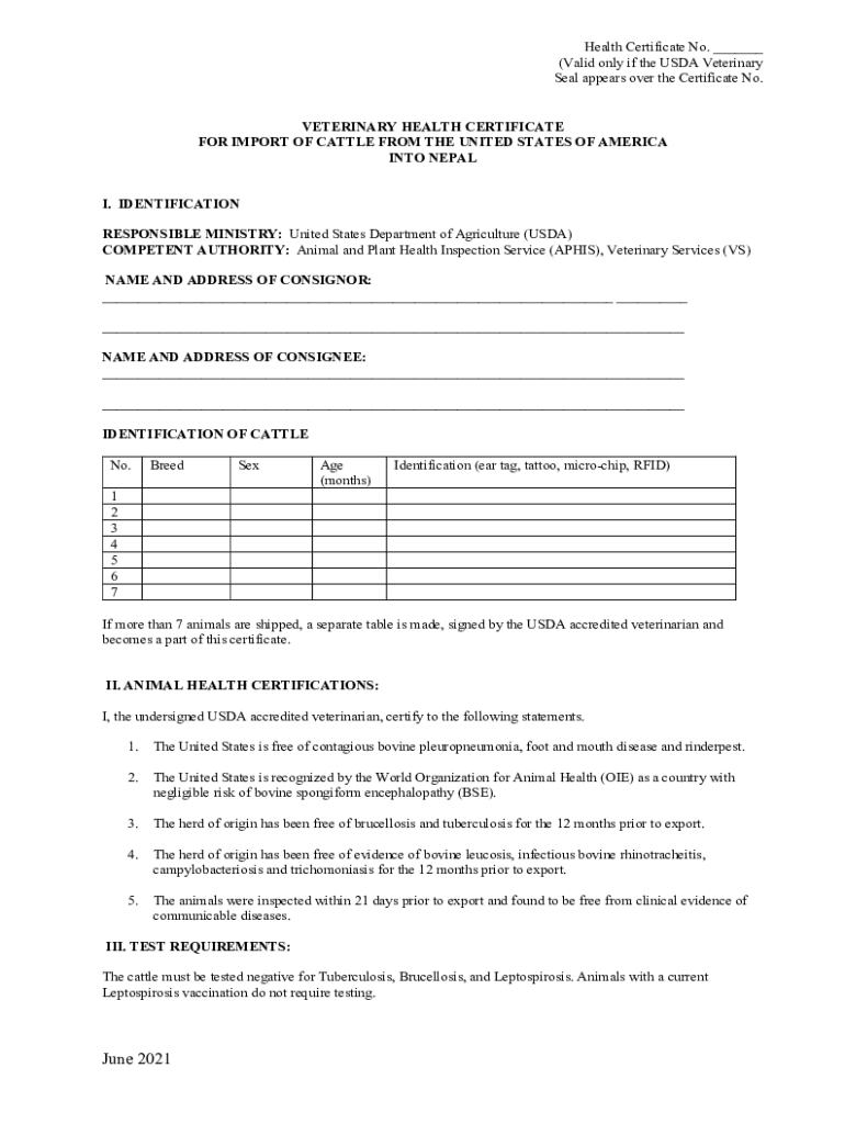 Fillable Online Veterinary Health Certificate for Import of Cattle from
