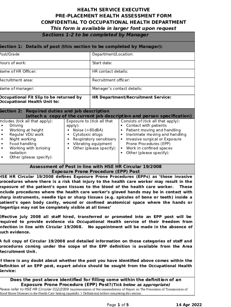 HSE Occupational Health Service PrePlacement Health Assessment (PPHA