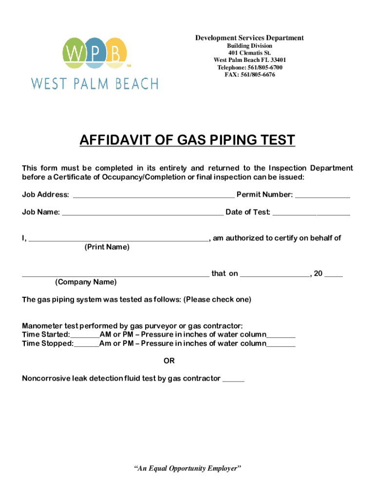 AFFIDAVIT OF GAS PIPING TEST - City of West Palm Beach Preview on Page 1