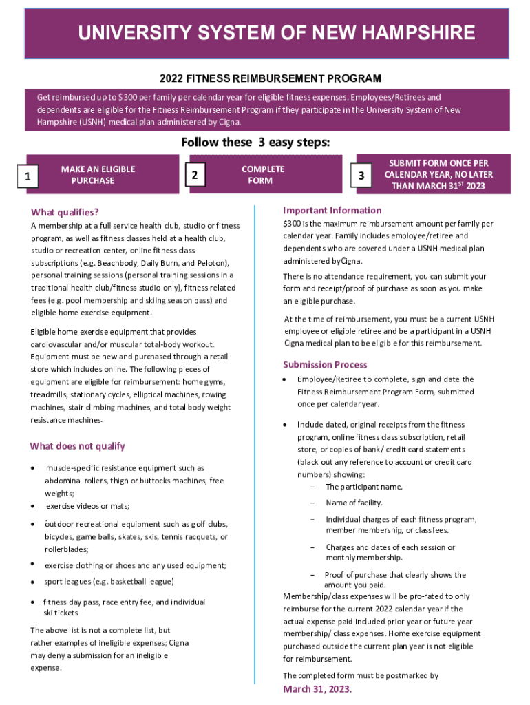 Fillable Online www.usnh.edufitnessreimbursementform20222022 FITNESS