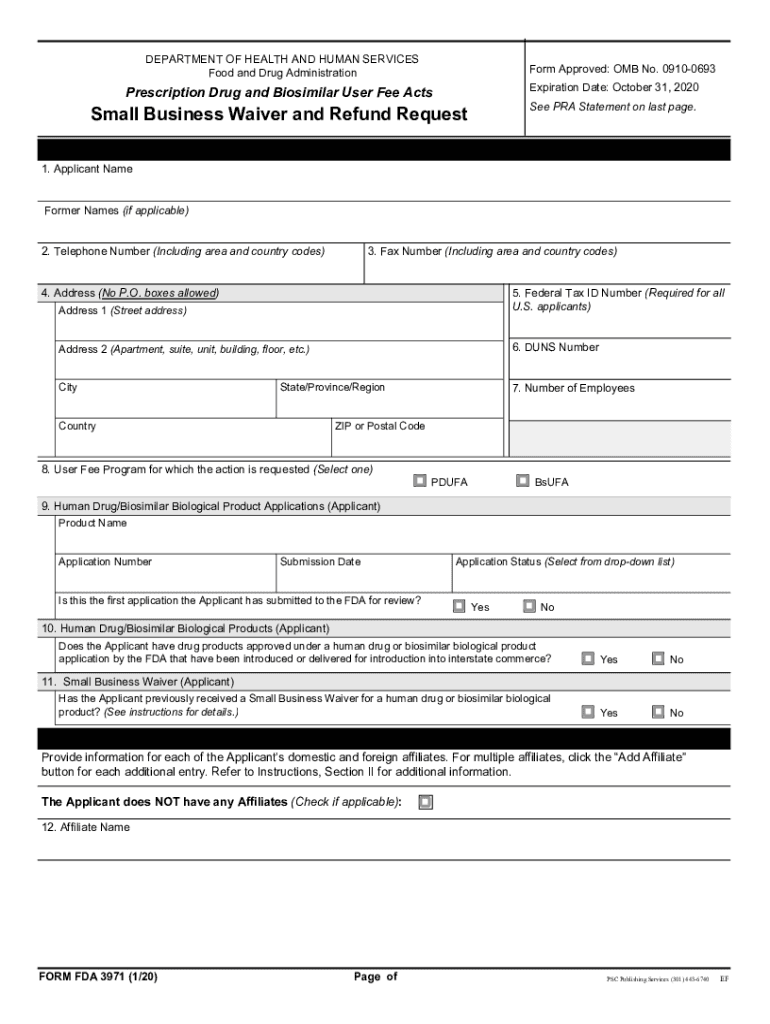 Fillable online form fda 3971 small business waiver and refund request
