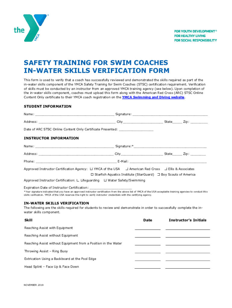 Fillable Online safety training for swim coaches inwater skills
