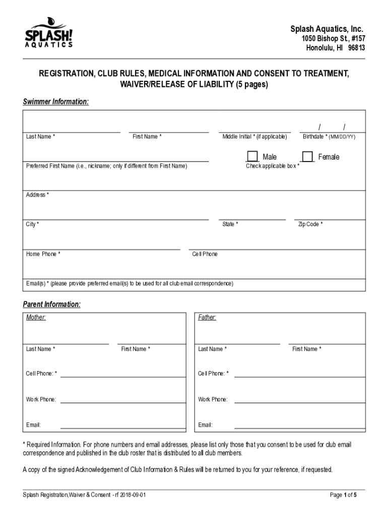 Fillable Online Splash Aquatics, Inc. REGISTRATION, CLUB RULES