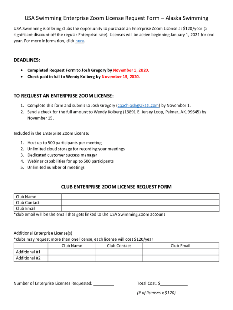 Fillable Online USA Swimming Enterprise Zoom License Request Form Fax
