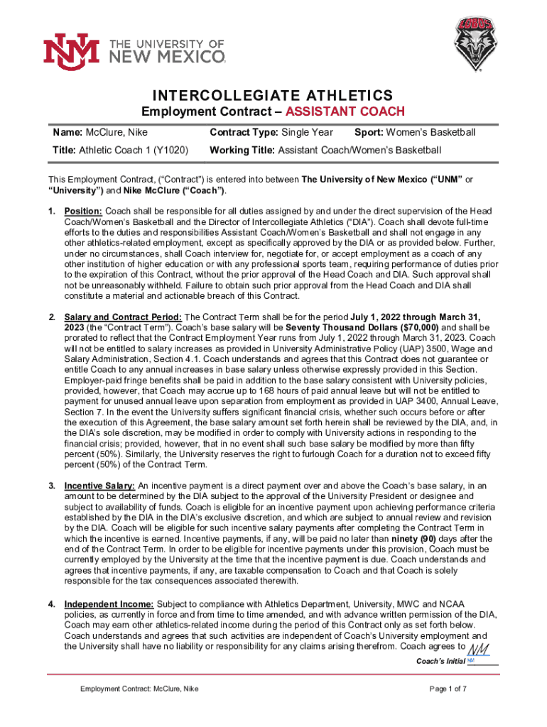 Fillable Online Assistant Coach/Women's Basketball Employment