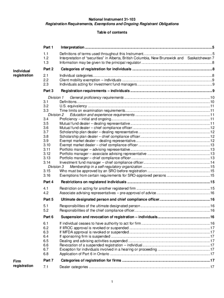 Fillable Online NATIONAL INSTRUMENT 31103 REGISTRATION REQUIREMENTS
