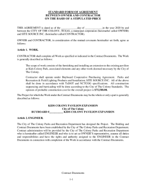 Fillable Online STANDARD FORM OF AGREEMENT BETWEEN OWNER AND CONTRACTOR ...