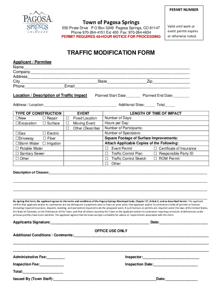 Fillable Online Town of Pagosa Springs TRAFFIC MODIFICATION FORM Fax