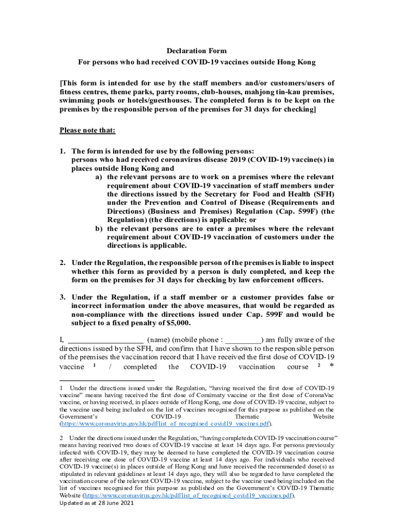 Fillable Online Declaration Form For persons who had received COVID-19 ...