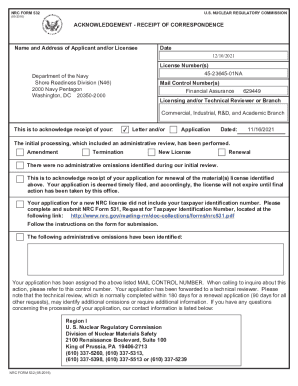 Department of the Navy; NRC Form 532 Acknowledgement of Receipt, Mail Control No. 629449