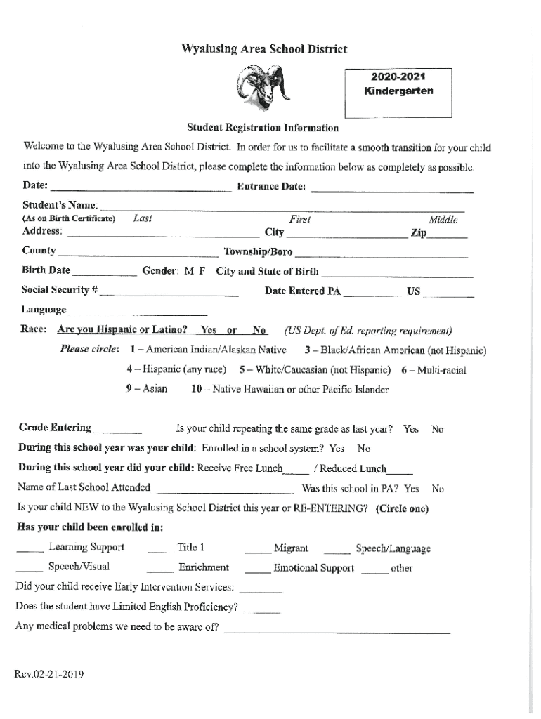 Fillable Online Student Registration Wyalusing Area School District Fax Email Print pdfFiller