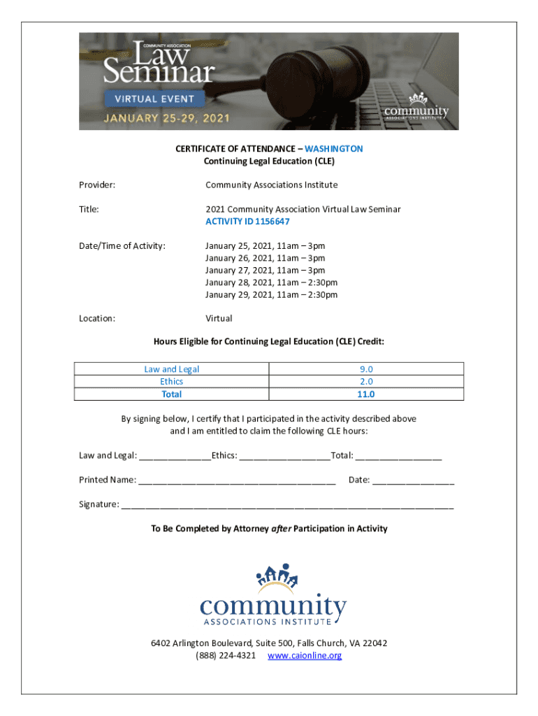 Fillable Online CERTIFICATE OF ATTENDANCE WASHINGTON Continuing Legal