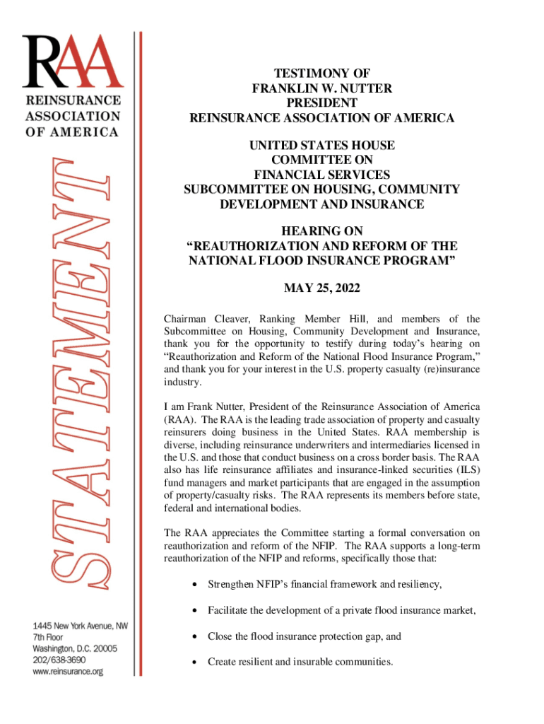 Fillable Online TESTIMONY OF FRANKLIN W. NUTTER PRESIDENT REINSURANCE
