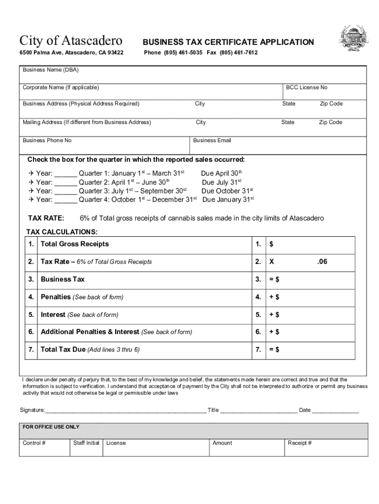 Fillable Online Atascadero Quarterly Cannabis Tax Form 2022.pdf Fax