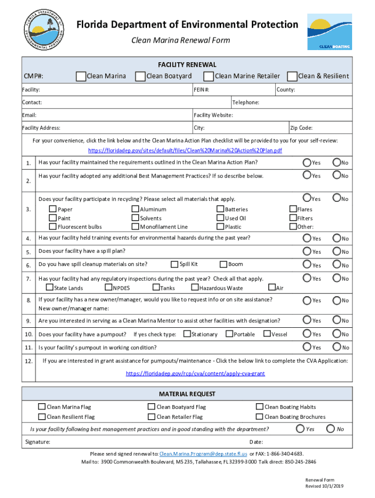 Fillable Online Clean Marina Renewal Form Florida Department of