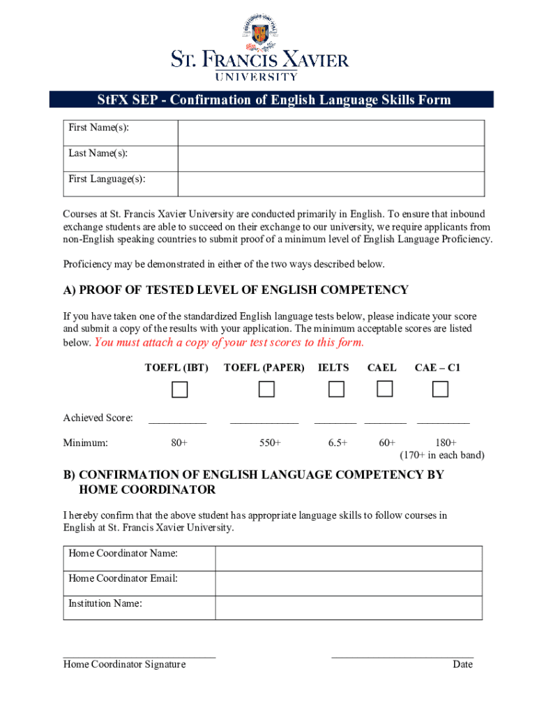 Fillable Online StFX SEP - Confirmation of English Language Skills Form ...