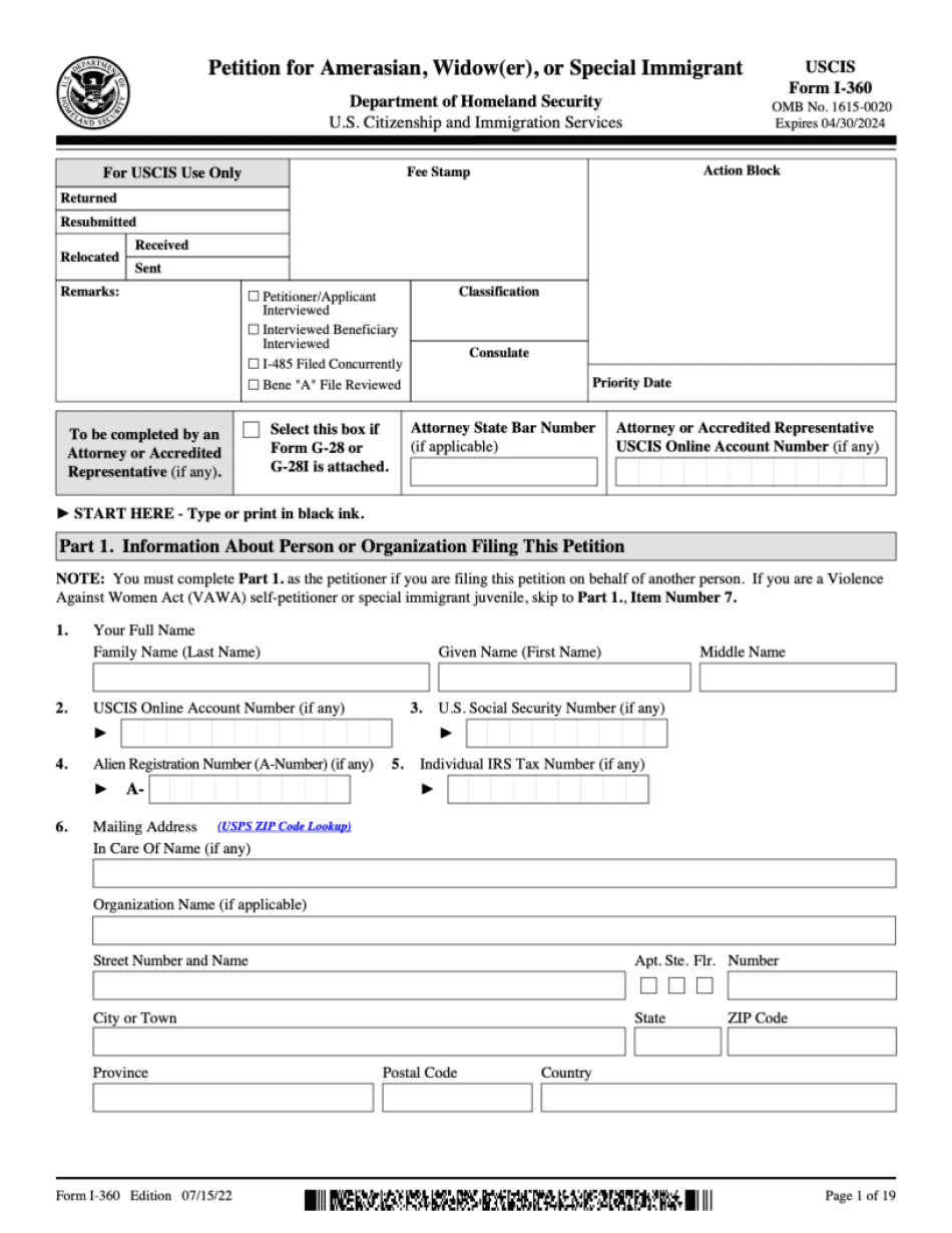 Form I-360, Petition For Amerasian, Widow(Er), Or Special