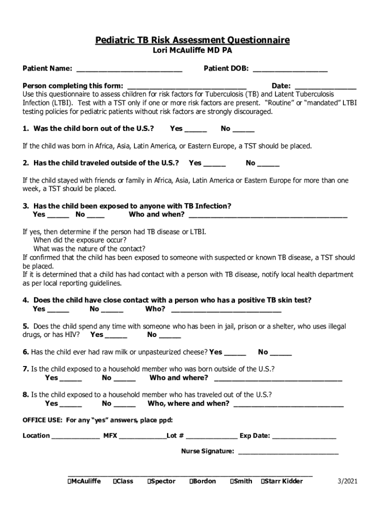 Fillable Online Pediatric Tuberculosis (TB) Risk AssessmentPediatric TB ...