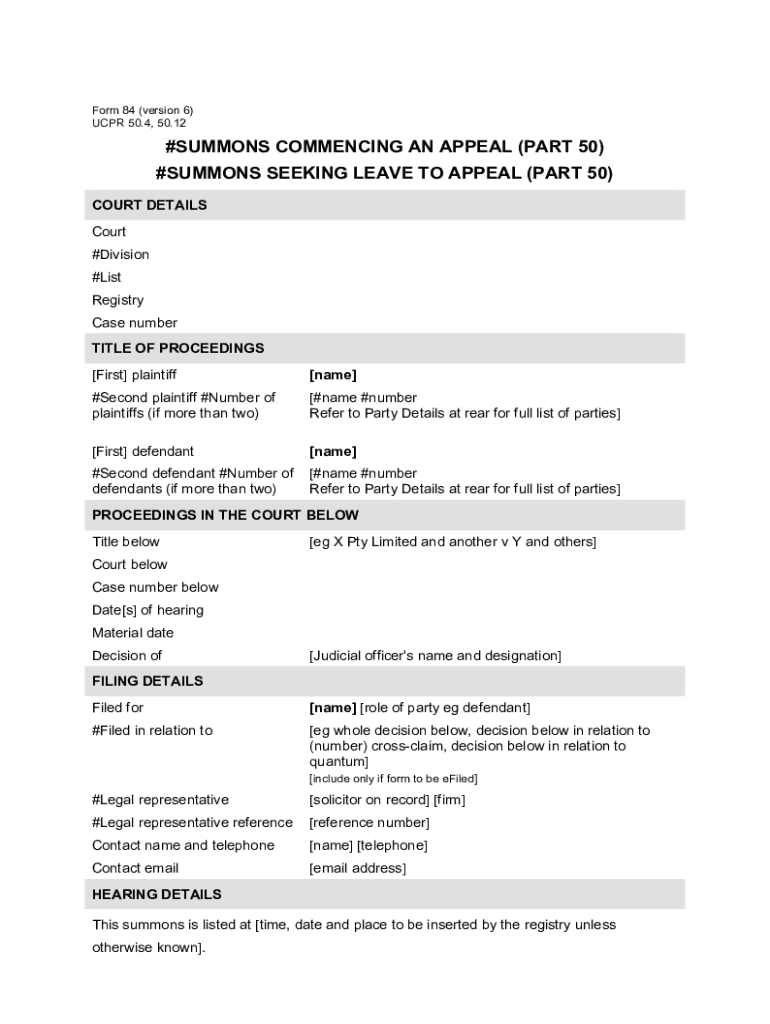 lec nsw documentsucprNSW UCPR Form 84 - Summons commencing an appeal (Part 50 appeals) Preview on Page 1