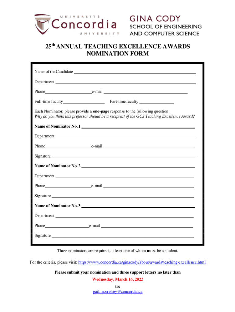 Fillable Online www.concordia.caprofessorsnominationform25th ANNUAL