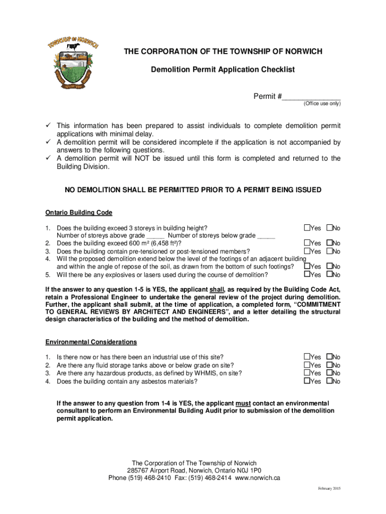 Fillable Online Demolition Permit Application Checklist. Demolition