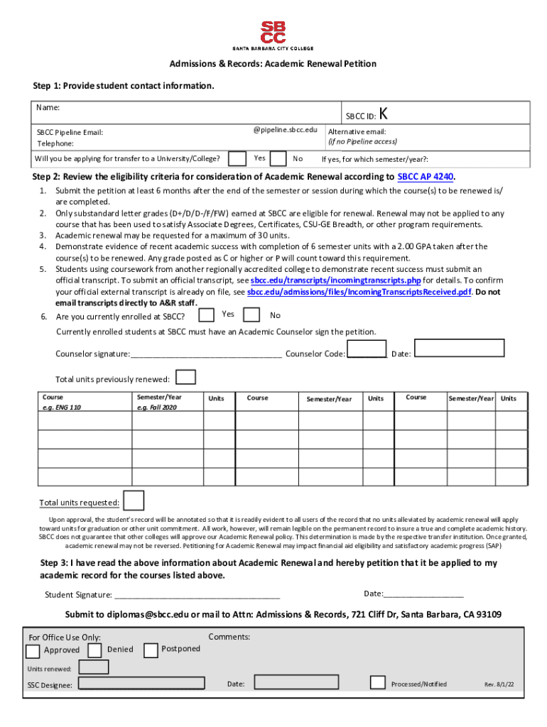 Academic RenewalAdmissions and RecordsForms - Santa Barbara City CollegeAcademic RenewalAdmissions and Records Preview on Page 1