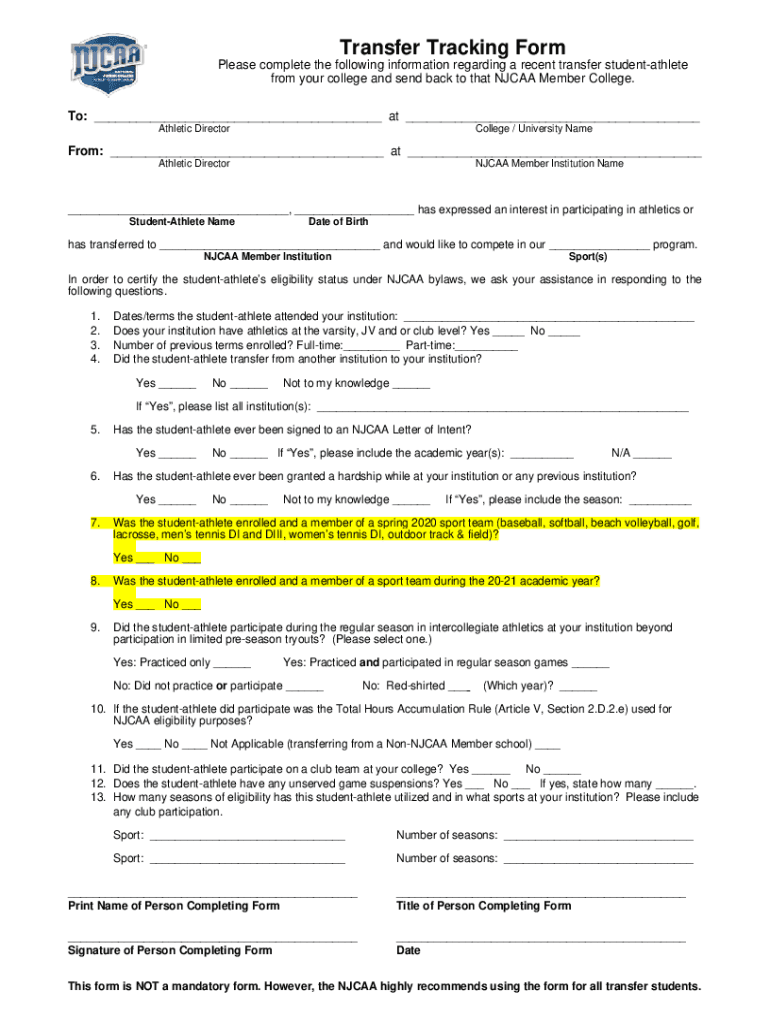 NJCAA TRANSFER TRACKING FORM - South Mountain Community College Preview on Page 1