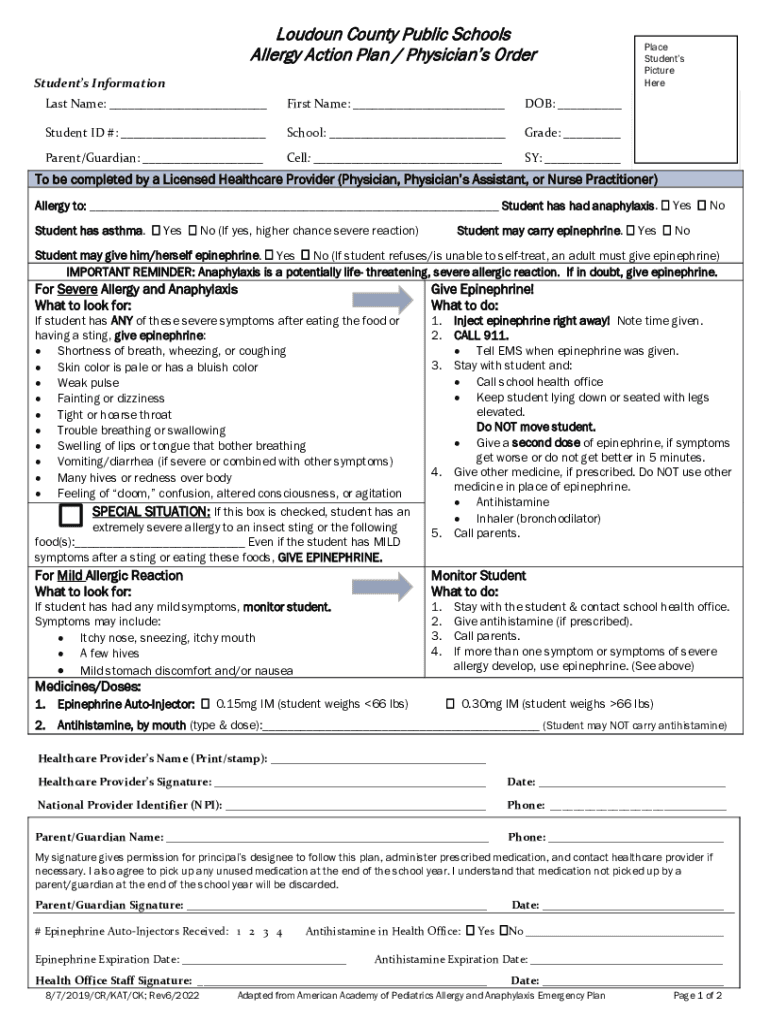 Loudoun County Public Schools Allergy Action Plan Preview on Page 1