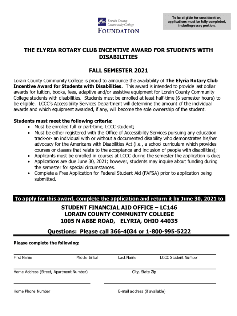 Fillable Online The Elyria Rotary Club Incentive Award For Students