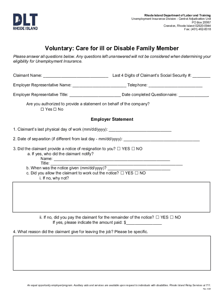 Fillable Online dlt ri Voluntary Care for ill or Disable Family Member