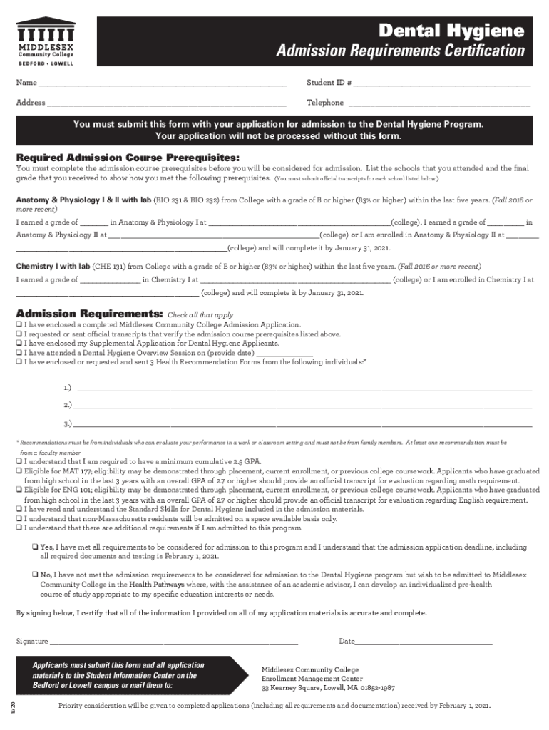 Fillable Online Dental Hygiene Admission Requirements Certification