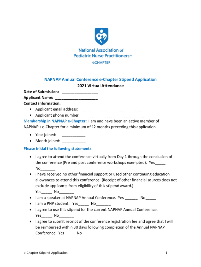 Fillable Online NAPNAP Annual Conference eChapter Stipend Application