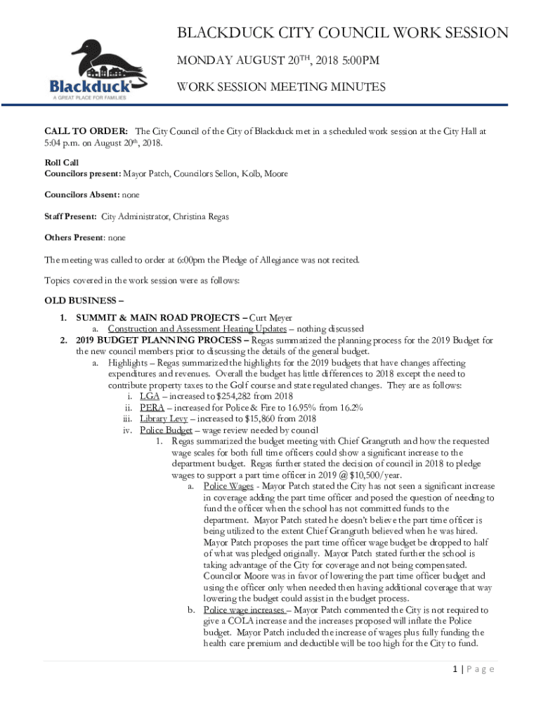 Fillable Online BLACKDUCK CITY COUNCIL WORK SESSION Fax Email Print pdfFiller
