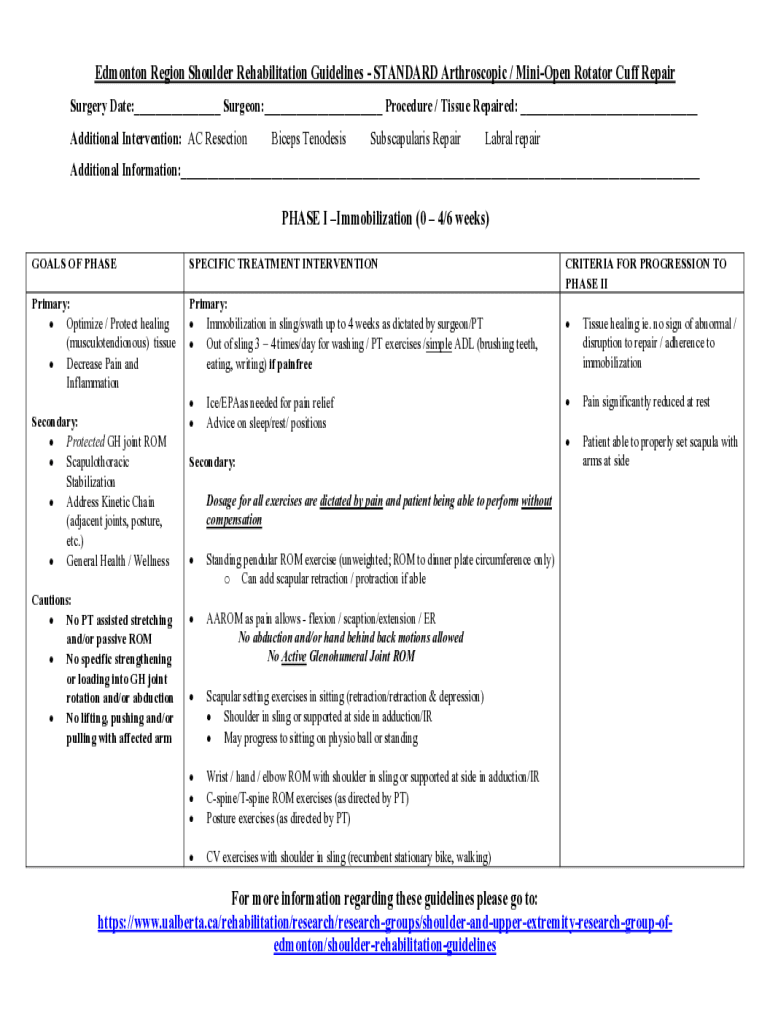 Fillable Online Shoulder Rotator Cuff Repair PostOperative
