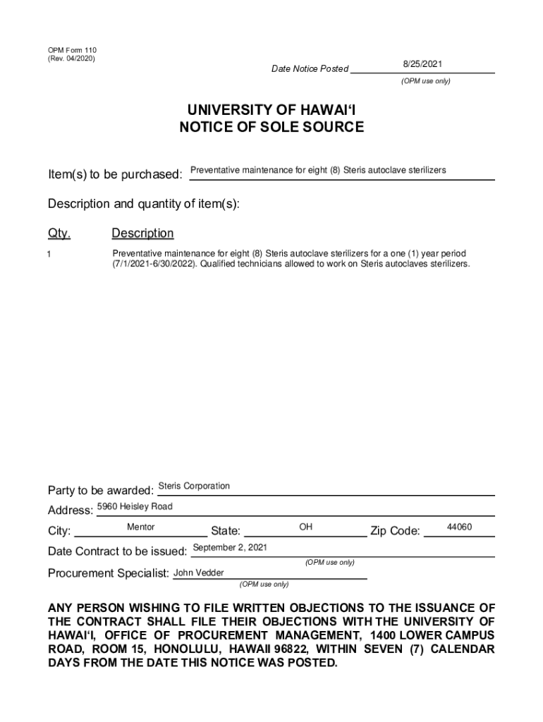 Fillable Online Preventative maintenance for eight (8) Steris autoclave