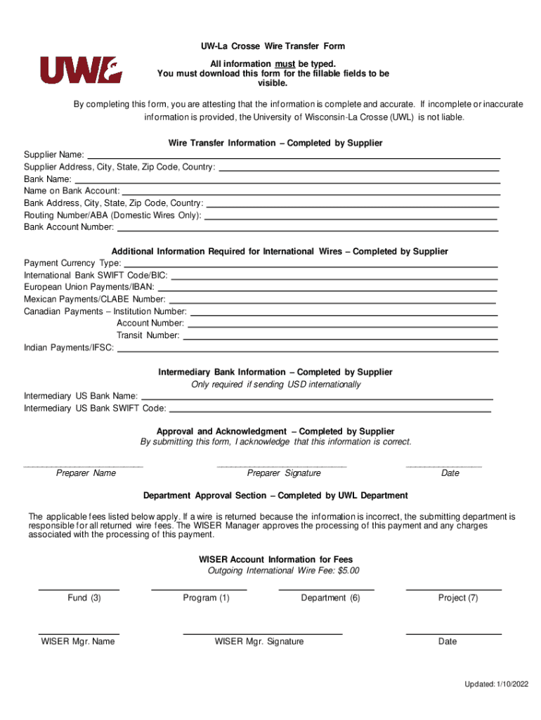 Fillable Online UWLa Crosse Wire Transfer Form You must download this